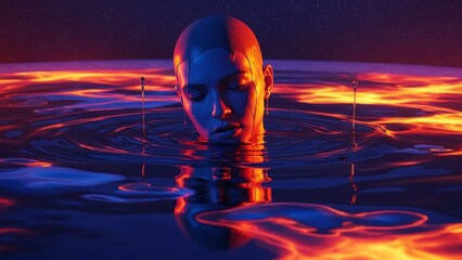 Minimalism Surrealism portrait of a bald woman submerged in dark water with glowing orange fire reflections and suspended droplets, generative AI