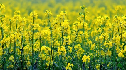 Obraz premium Vibrant Yellow Flower Field with Lush Green Stems and Soft Focus Background for Nature and Landscape Photography