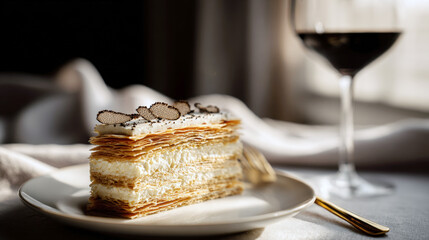 Exquisite Napoleon pastry with flaky layers and rich cream topped with rare black truffle slices. Served in a sophisticated setting with red wine, perfect for high-end culinary and luxury lifestyle