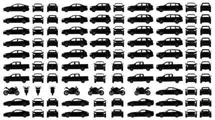 Diverse Collection of Vehicle Silhouettes Showcase, Graphic Design, Transport, Digital Art, Monochrome Style