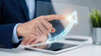 Businessman Pointing at Digital Growth Arrow on Tablet Screen