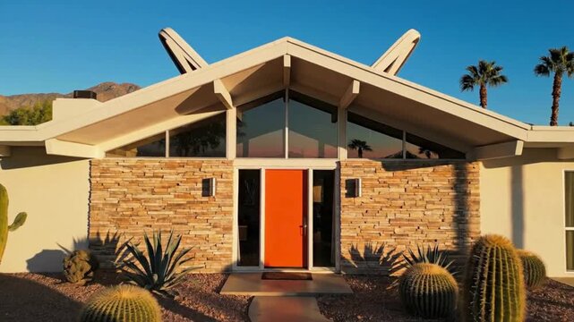 Midcentury Modern House with Orange Door in Desert Landscape