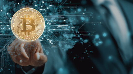 A person engages with a glowing bitcoin symbol, illustrating the fusion of finance and technology Generative AI