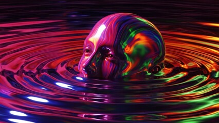 Abstract surreal head covered in colorful liquid swirls emerging from dark rippling water, creative artistic concept, generative AI.