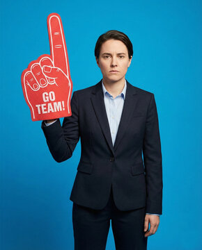 Serious business person in a suit holding a red "Go Team" foam finger