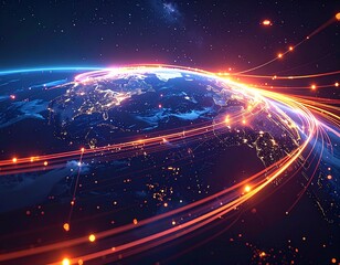 Obraz premium Intense streaks of bright orange light representing data flow curve across the dark curve of the Earth's illuminated surface toward the blackness of space.