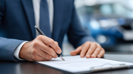 A person confidently signs a contract for purchasing a new car at the dealership Generative AI