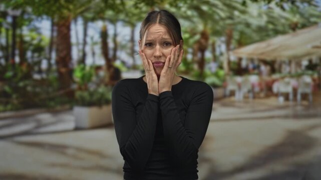 Woman holding face with both hands and looking worried on a restaurant terrace outdoors; anxiety uncertainty.