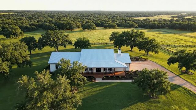 Large House with Blue Roof in Green Countryside Aerial View