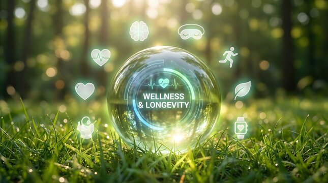 wellness longevity concept with green icons in nature