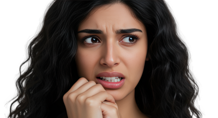 Worried woman biting nail, anxious female face for stress and anxiety concept, Isolated On Transparent Background