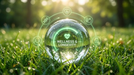 Wellness and longevity concept with crystal ball on grass