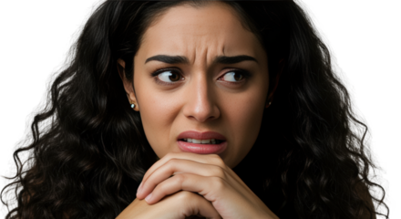 Worried young woman with curly hair looking up, concerned female portrait for business or health concept Isolated On Transparent Background