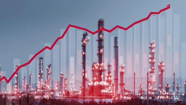 Rising data graph overlays oil refinery plant, highlighting demand supply trends, price movement and industry performance. Visual of energy sector growth and global market analysis