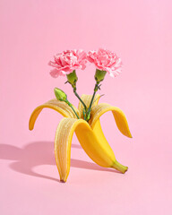  A ripe, partially peeled banana serves as an unconventional "vase" for three pink carnation flowers (dianthus), creating a playful and unexpected visual pun