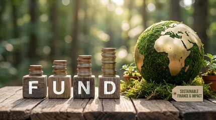 Sustainable finance concept with globe and fund text