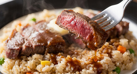 湯気立つステーキピラフをフォークで持ち上げる食欲をそそる瞬間