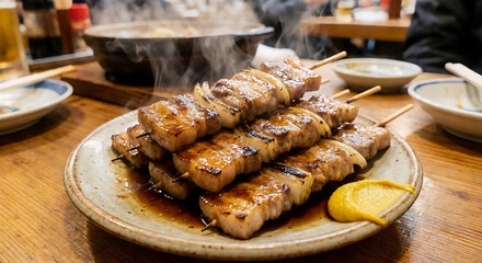 湯気が立つ熱々！絶品室蘭やきとり、豚肉と玉ねぎの串焼き