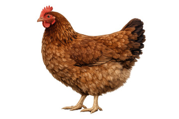 Fototapeta premium Brown domestic hen standing in a side profile, displaying textured feathers, a red comb and wattle. Isolated farm animal