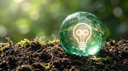 eco friendly light bulb on soil with green background
