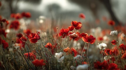 Vibrant Red Poppies in a Beautiful Field with Soft Light and Blurred Background Creating a Dreamy Nature Scene in Early Morning