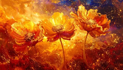 golden flowers in bright orange light