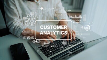 Hands Typing on Laptop with Customer Analytics Visual Overlays for Business Insights and Data Analysis. Asymptotic smart data analytic.