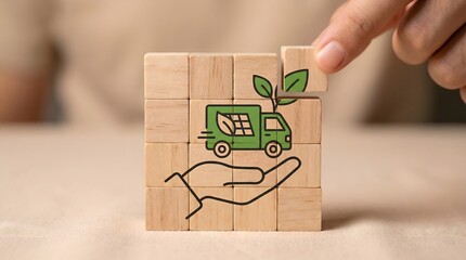 Eco friendly delivery concept with green truck on wooden blocks