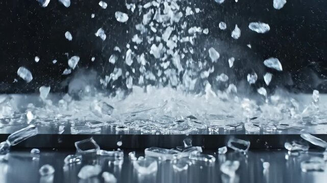 Close up macro shot of a dark sphere covered in white crystalline structures exploding into many sharp shards with white smoke billowing around on a dark background with subtle lighting and