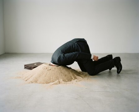 Businessman with head buried in sand, avoiding responsibility, denial, procrastination and workplace burnout, humorous business concept