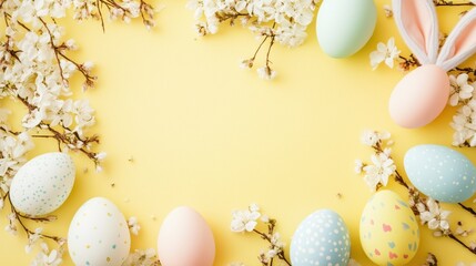 Easter floral frame with colorful eggs on pastel background