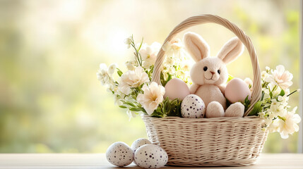 Easter basket with bunny toy, flowers and pastel eggs