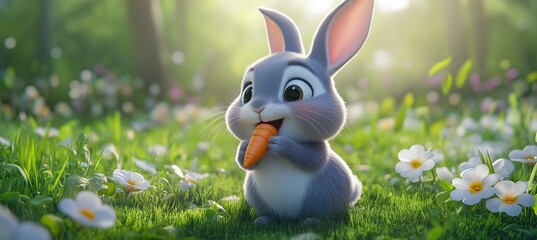Happy cartoon bunny with a carrot in a sunny meadow among spring flowers