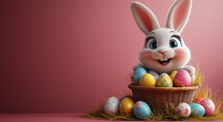 Spring holiday: rabbit with a basket of painted eggs and daisies on a pink sky background