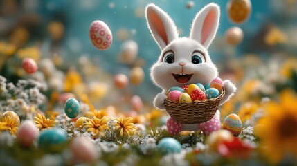 Cute Easter bunny holding a basket of colorful eggs in spring field