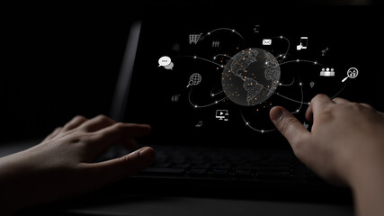 Visualization of global digital communication and online across multiple platforms, including global network, digital network, communication network, and online network. Latch