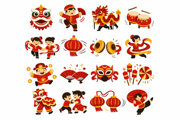 Obraz premium Chinese New Year Icon Grid Focused on Festive Movement and Dance Symbolism Flat Design