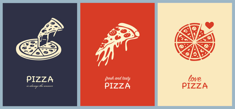 Set of pizza posters with slice and whole pizza icons, hand drawn retro style, bold typography and flat colors. Food illustration set for restaurant decor, menu design and branding.