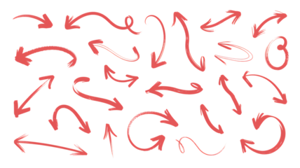 Red Arrows in Various Directions with Hand-Drawn Style in Bright Red Color on White Background for Graphic Design
