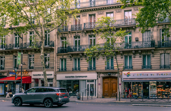 Paris, France 08 04 2023: Summer sunset on Boulevard St Germain in Paris, France. The Boulevard Saint-Germain is a major street in Paris on the Rive Gauche of the Seine