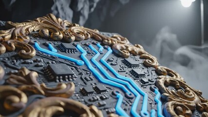 Ornate Circuit Board With Blue Traces, Concept Technology