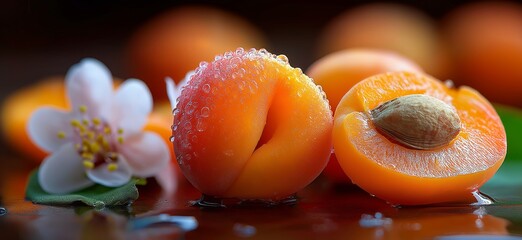 Fresh apricot showing delicious fruit and healthy pit. Freshly cut apricot revealing its vibrant orange flesh and healthy pit on a dark surface