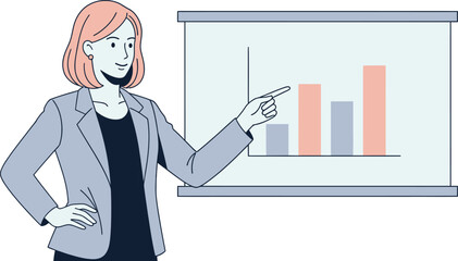 Professional businesswoman presenting important financial data with an increasing bar chart on a screen in a modern flat line art style illustration