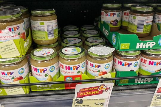Bar, Montenegro, 10 January 2026, Shelf in grocery store with baby food Hipp