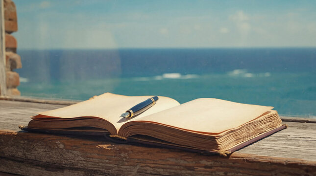 Old open book and vintage fountain pen on a weathered windowsill, overlooking blue sea and sky  a peaceful seaside writing scene evoking inspiration, memories, and daydreaming