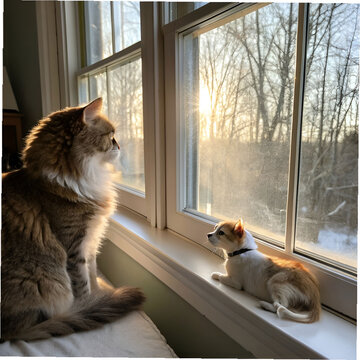Adorable pets sitting by windows, watching birds with curious eyes, gentle paws, peaceful hearts, cozy sunlight, and quiet moments of joy and wonder