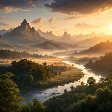 A fantasy land during golden hour bathed in warm sunlight with glowing landscapes magical forests shimmering rivers and enchanting skies of wonder