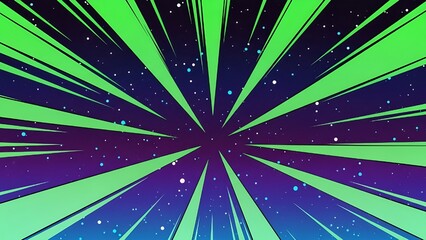 Vibrant green rays explode in a starburst effect against a stunning purple and blue starry night sky background