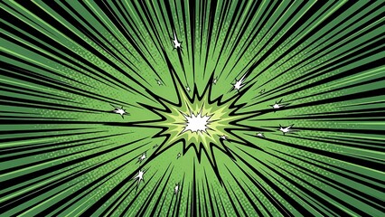 Vibrant green comic explosion with dynamic black lines and white stars