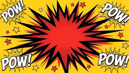 Vibrant comic book explosion with dynamic POW effects on yellow background